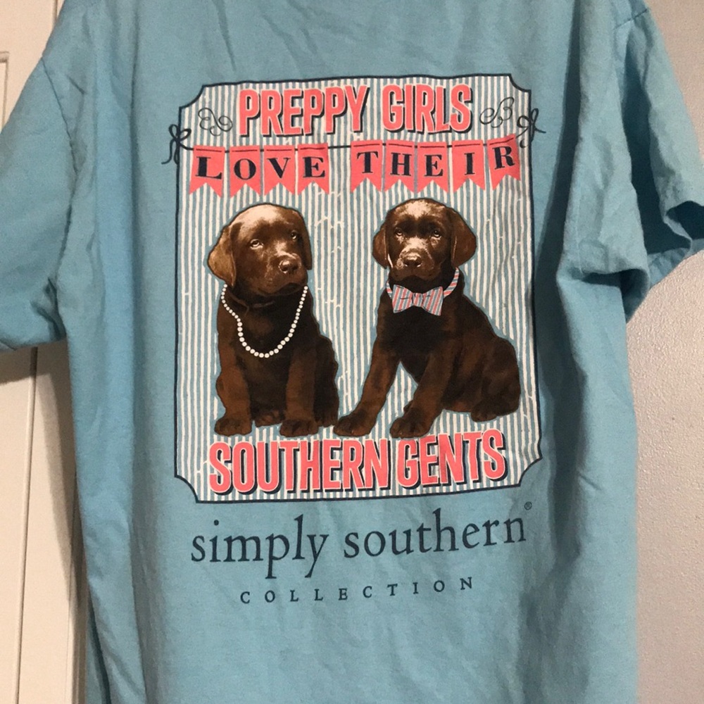 Light blue simply southern t-shirt with puppies